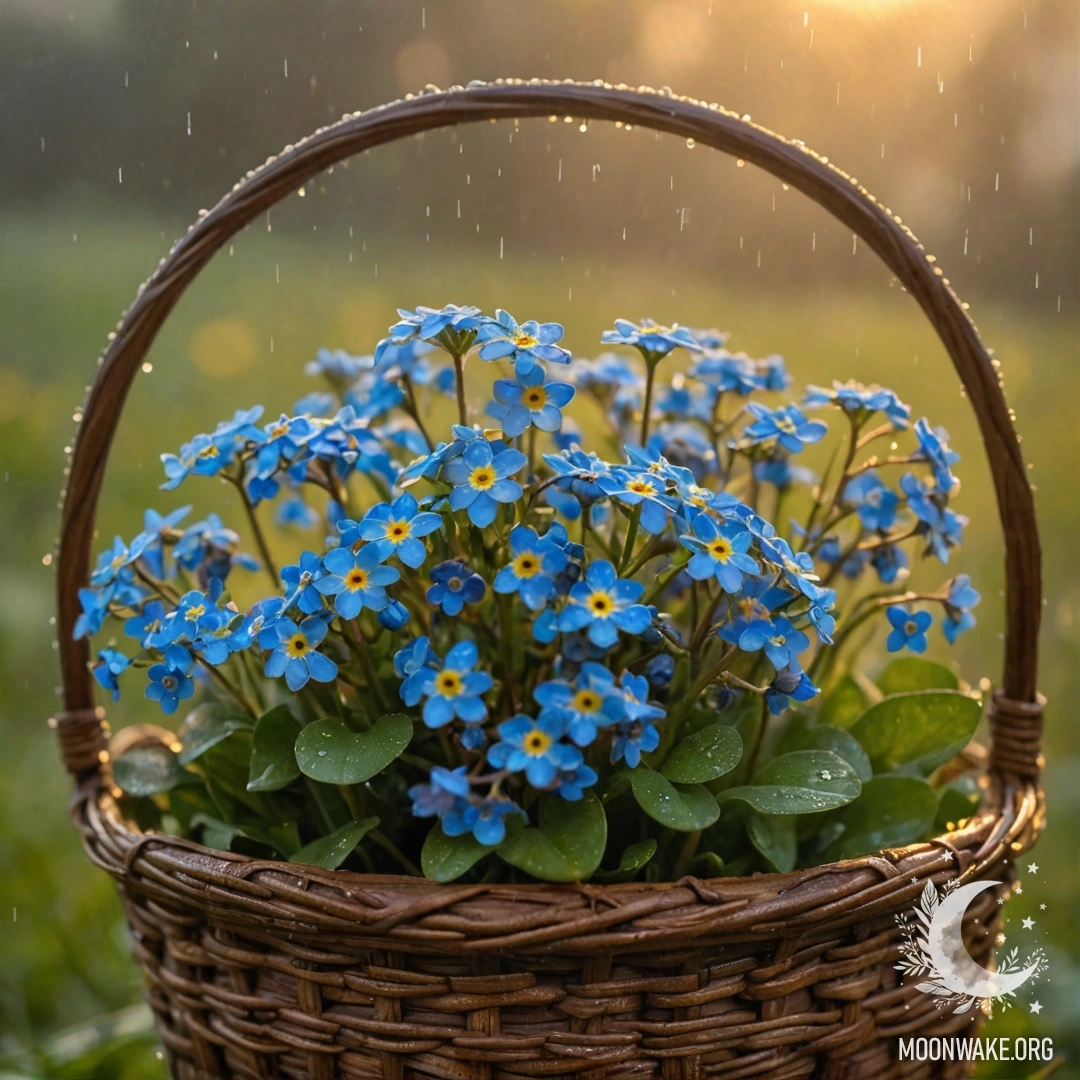 A basket filled with yellow forget-me-nots set in misty rain during sunset.