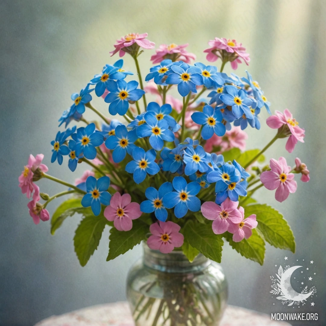 Beautiful Forget-Me-Nots in a Misty Vase A vase filled with delicate pink forget-me-nots enveloped in fog, illuminated by sun rays.