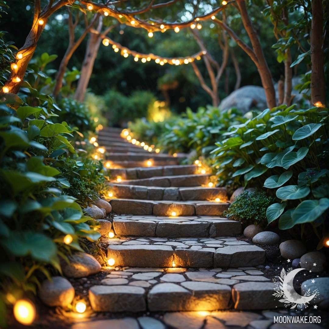 A garden featuring light garlands, stone path, and wooden staircase at sunset.