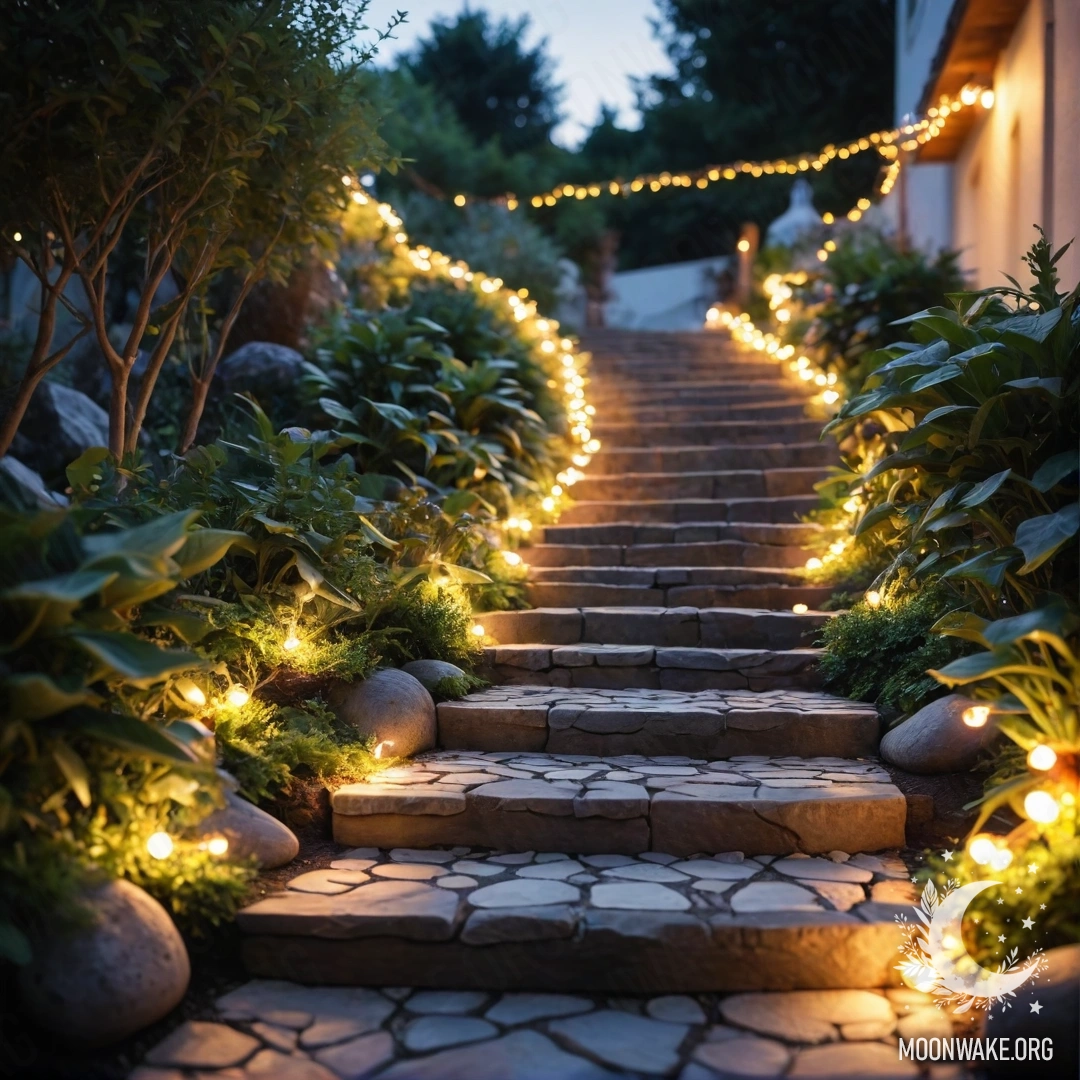 A picturesque garden path made of stones, adorned with light garlands, and a wooden staircase, under a stunning sunset.