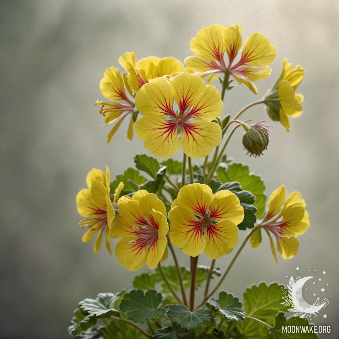 A bouquet of yellow geraniums surrounded by fog and sunlight.