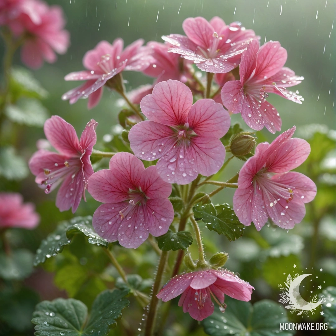 A vibrant lime colored geranium surrounded by mist and rain, glistening with rhinestones under sunny rays.