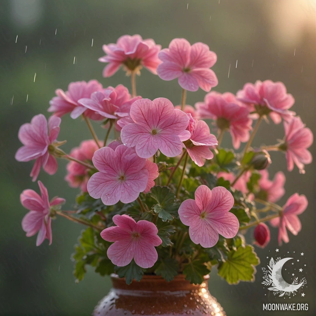 A pink geranium in a vase, covered in mist and rain at sunset.