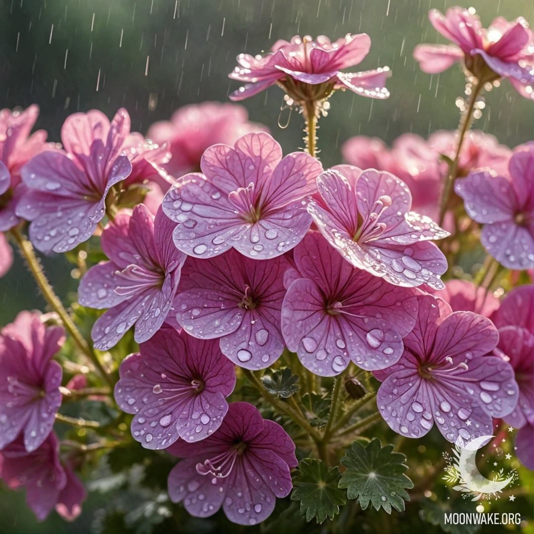 A lavender geranium drenched in rain, illuminated by sunlight and glistening with sequins.