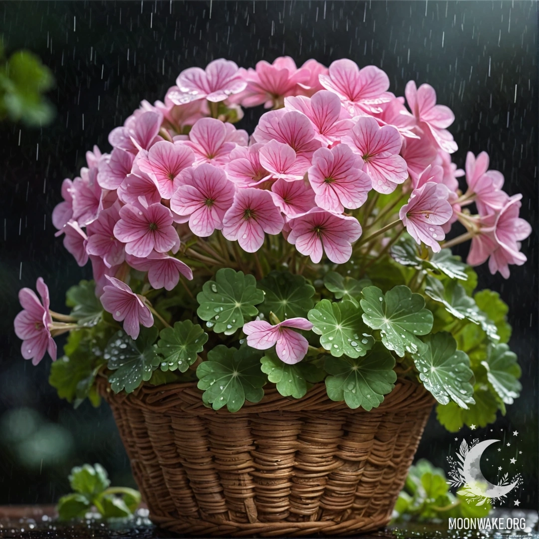 A geranium in a pastel-colored basket, drenched in rain at night.