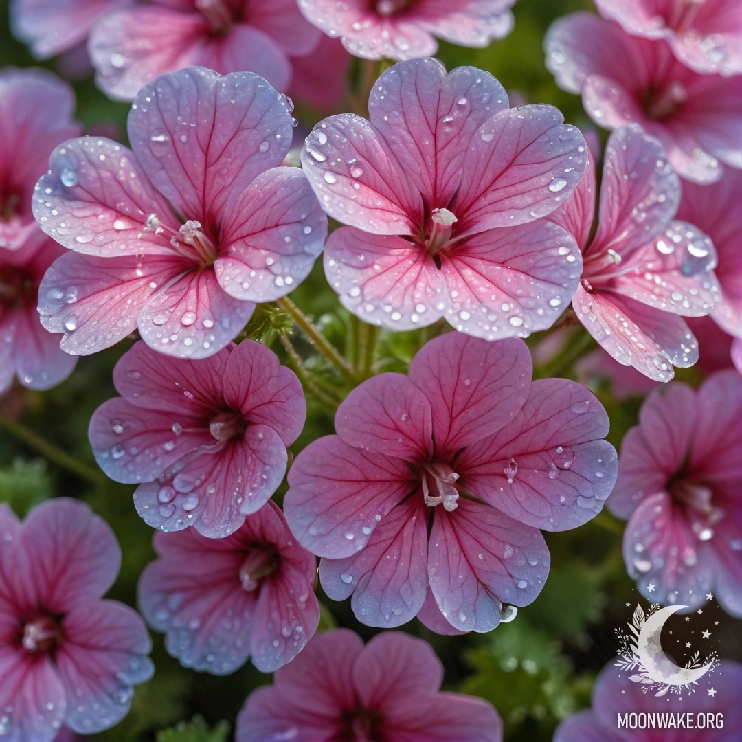 A vibrant greenish-blue geranium adorned with dew drops and shiny rhinestones, illuminated by gentle sunlight.