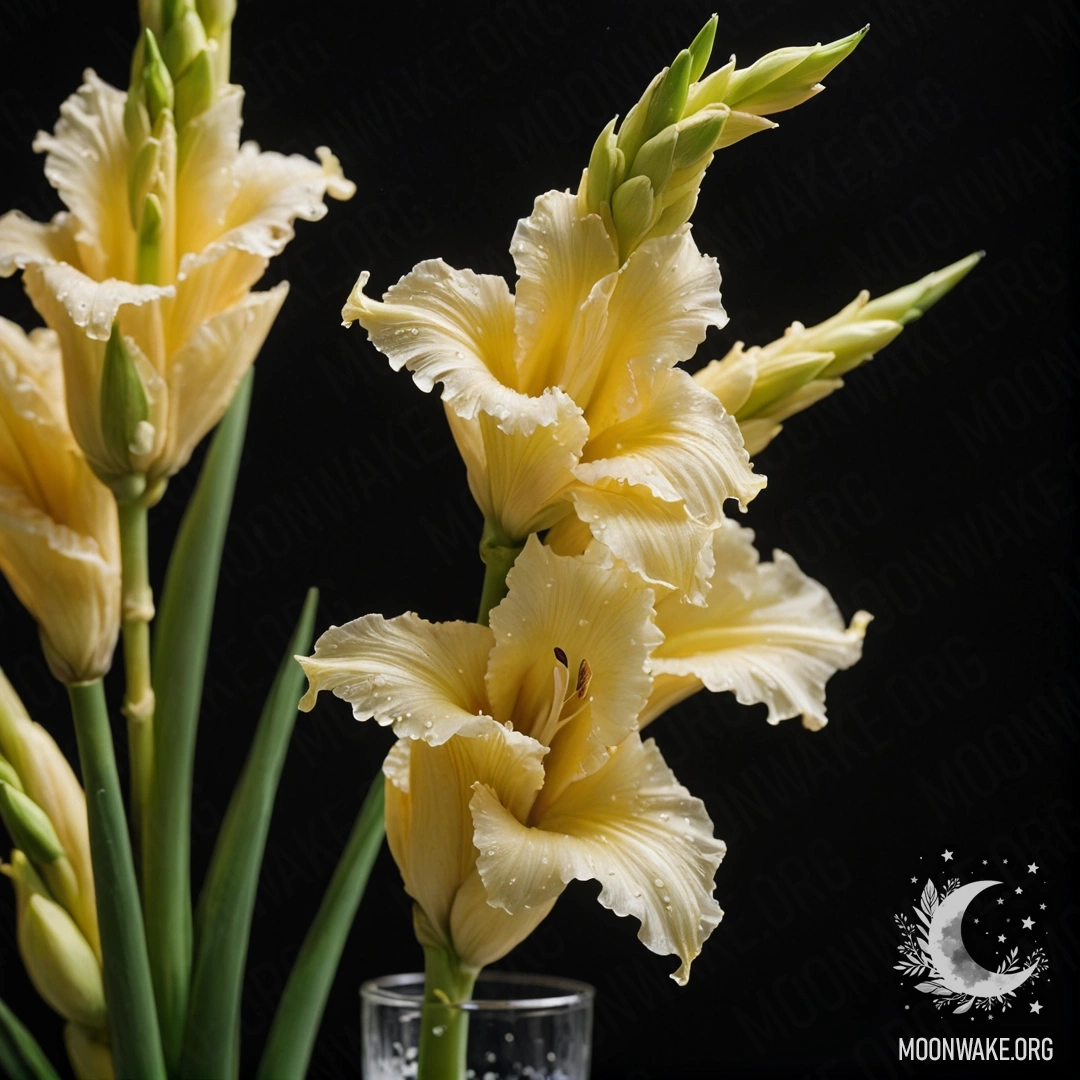 Beautiful Gladiolus at Night A cream yellow gladiolus with dew drops in a vase at nighttime.