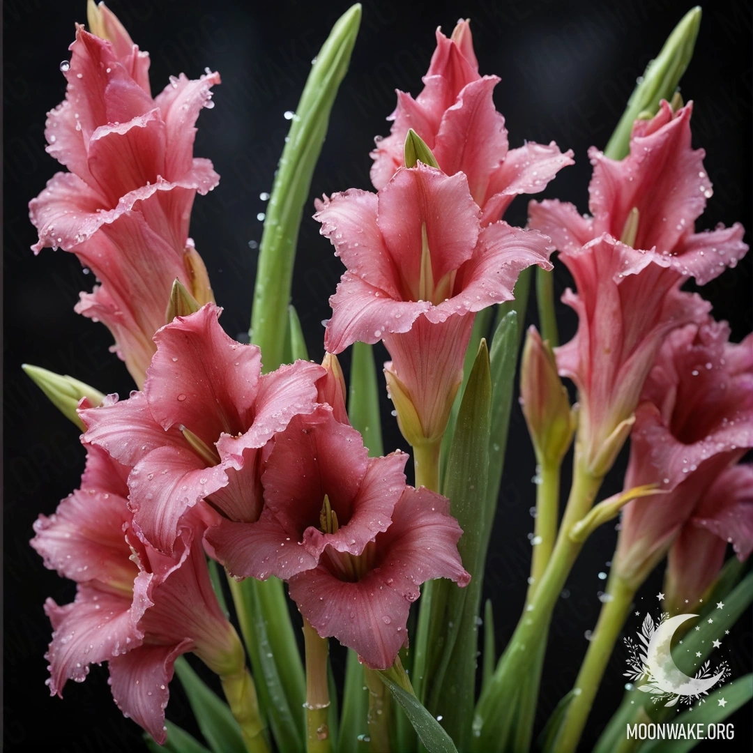 Elegant Gladiolus Bouquet with Dew Drops at Night A bouquet of beautiful gladiolus flowers with dew drops, sage colored, under the moonlight.