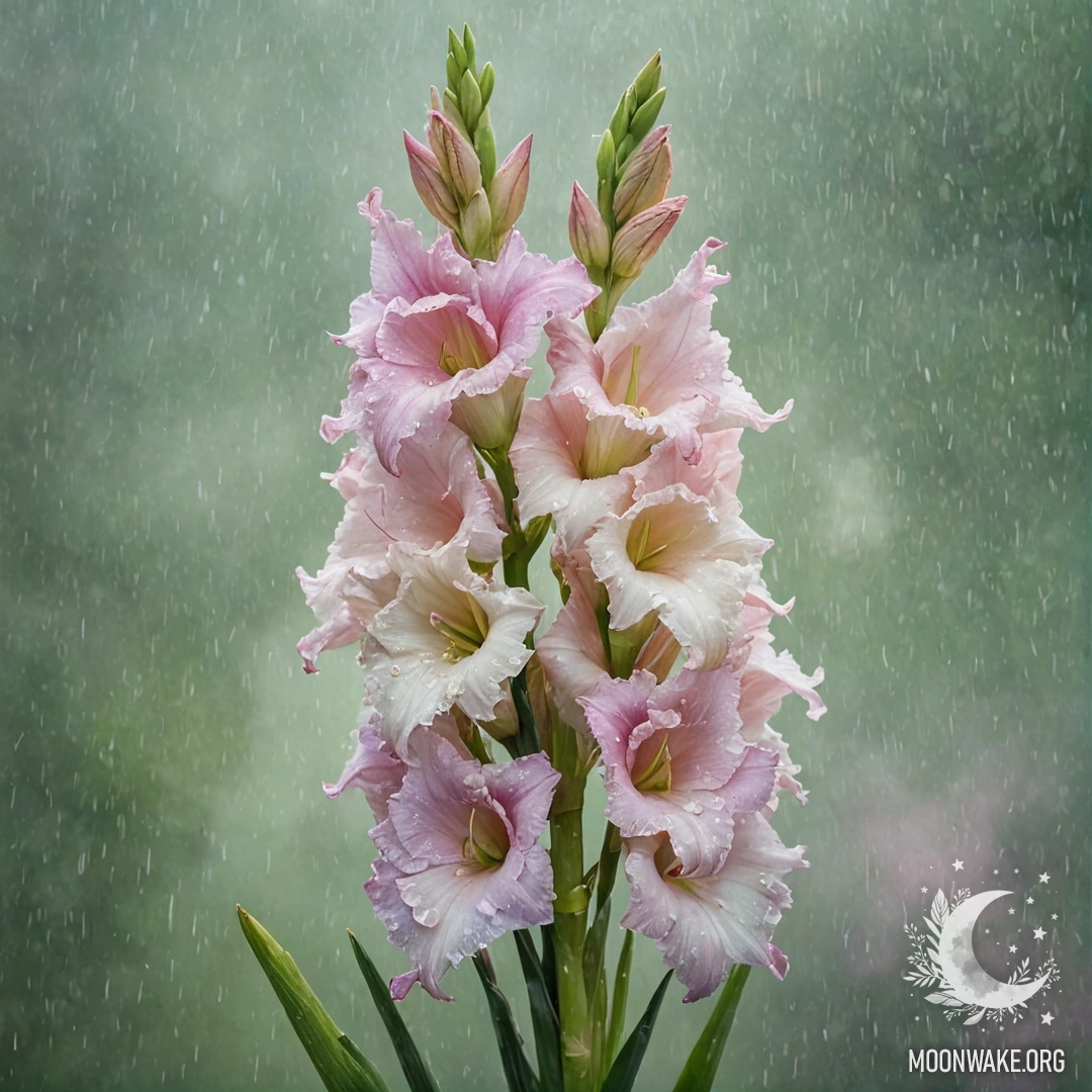 A bouquet of mint-colored gladiolus flowers in misty rain.