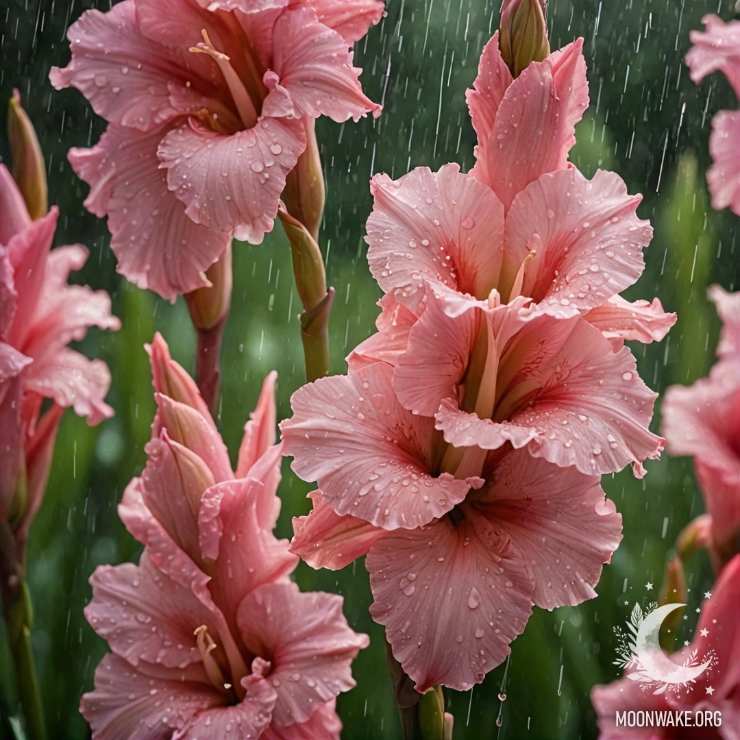 Beautiful Gladiolus in Rain at Sunset A beautiful pink gladiolus blooming under the rain during sunset.