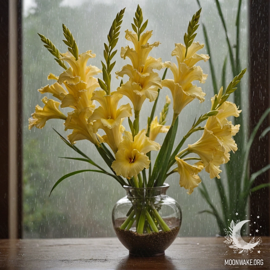 Beautiful Gladiolus in Rain A beautiful cream yellow gladiolus in a vase, surrounded by mist and rain.