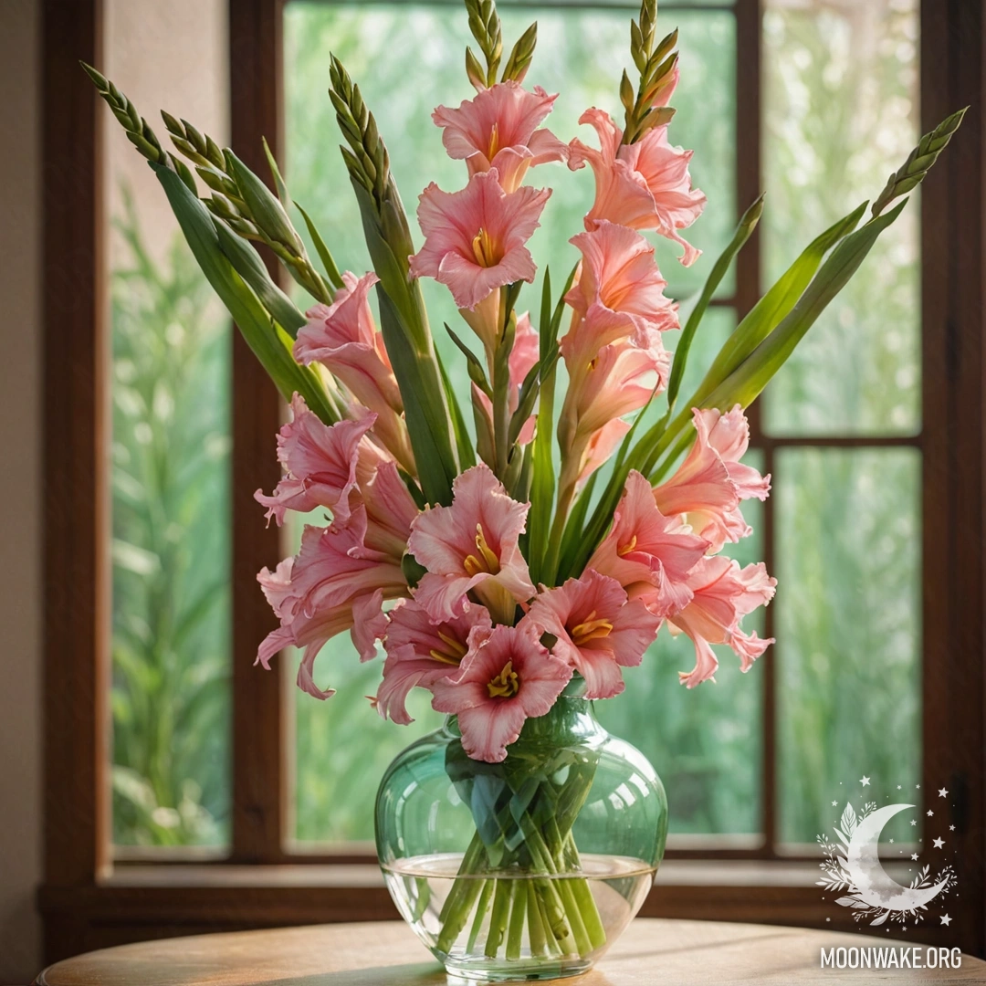 A beautiful gladiolus flower in a mint-colored vase, illuminated by sunny rays.