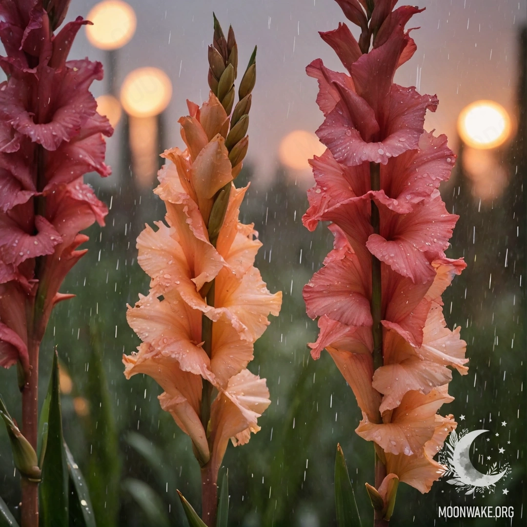 A beautiful gladiolus flower drenched by rain against a sunset backdrop.