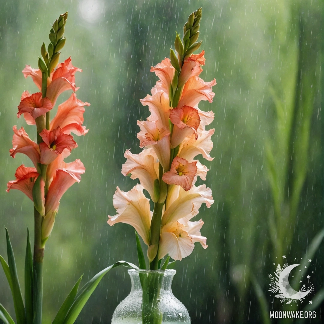 A vase holding a green gladiolus with raindrops and sunlight.