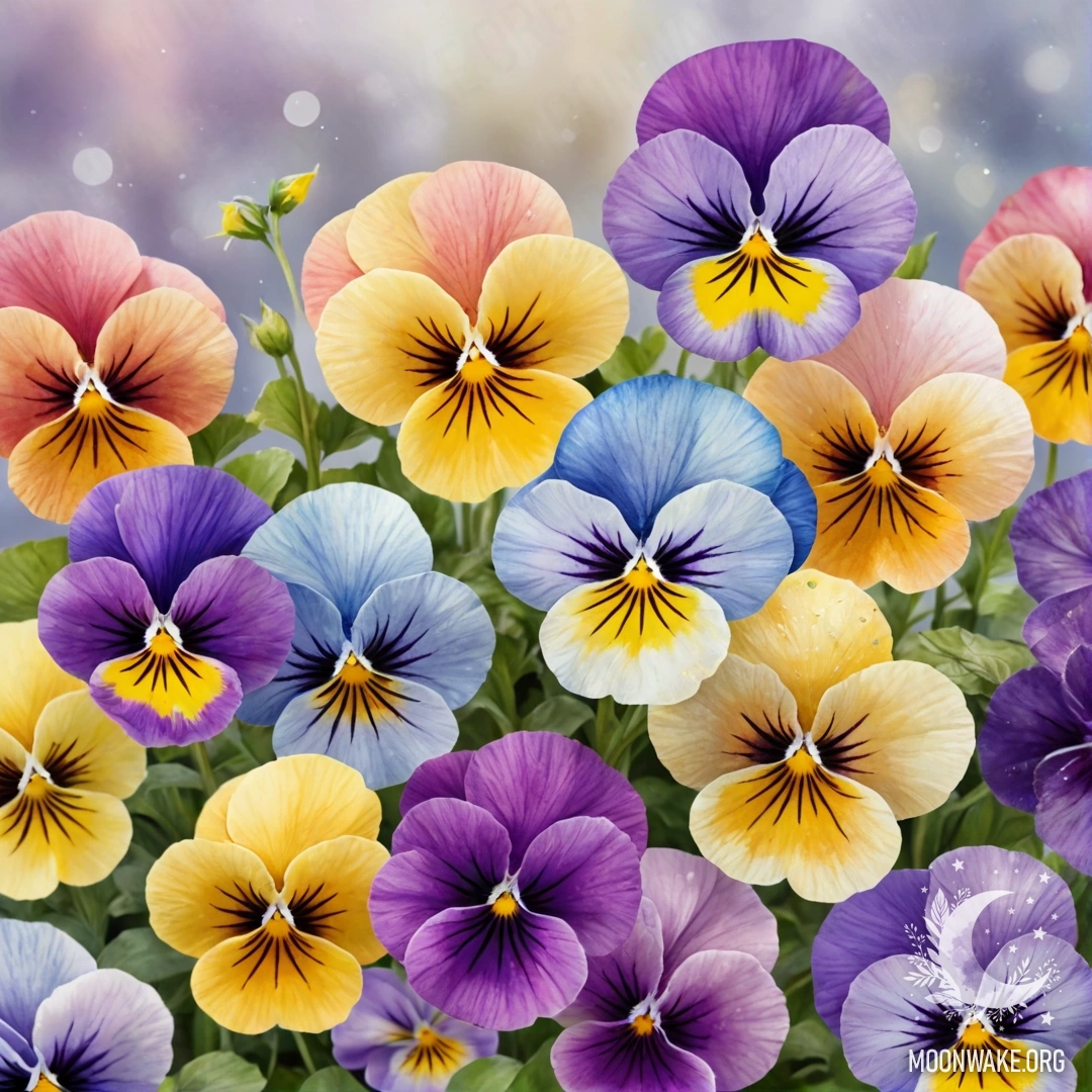A close-up of beautiful pansies adorned with glitter in pastel colors.