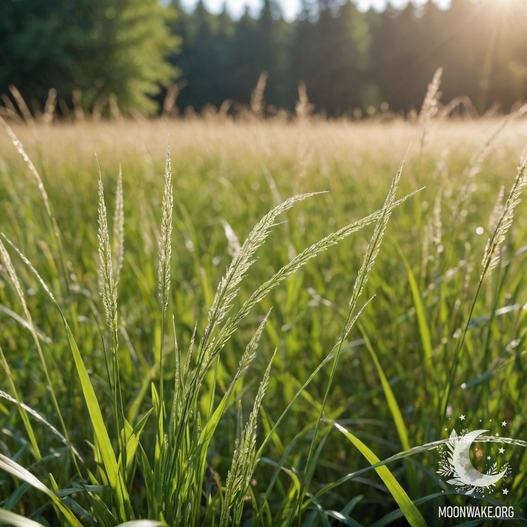 A close-up image of delicate grass with a blurred forest background, illuminated by sunlight.