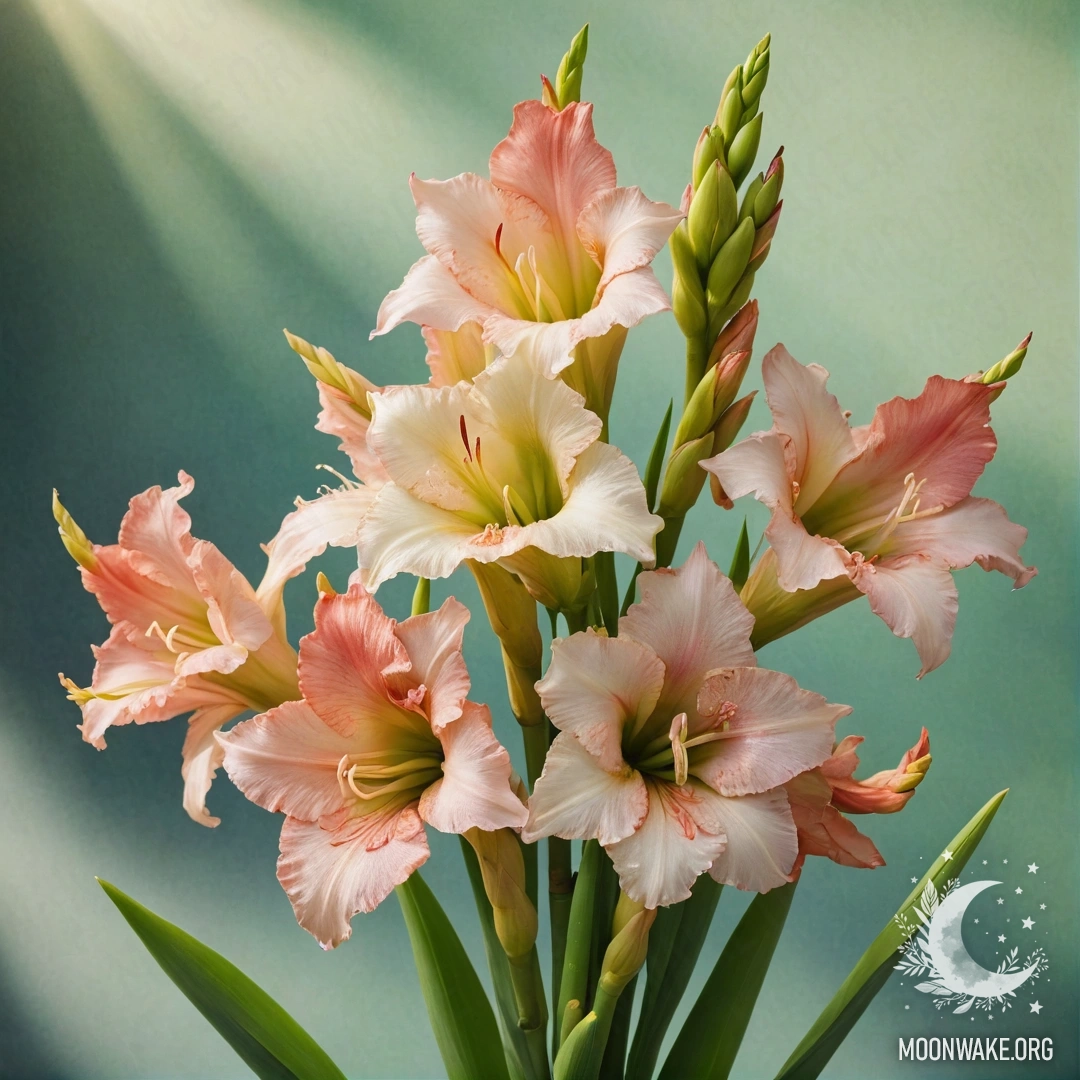 Beautiful Green Gladiolus Bouquet with Sunbeams A bouquet of green gladiolus flowers illuminated by sunlight.