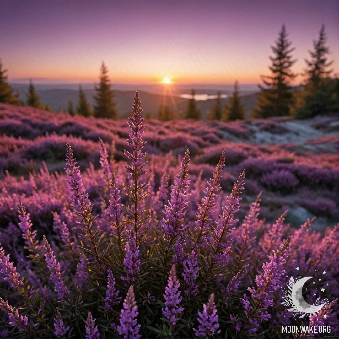 A stunning landscape featuring purple heather glittering at sunset.