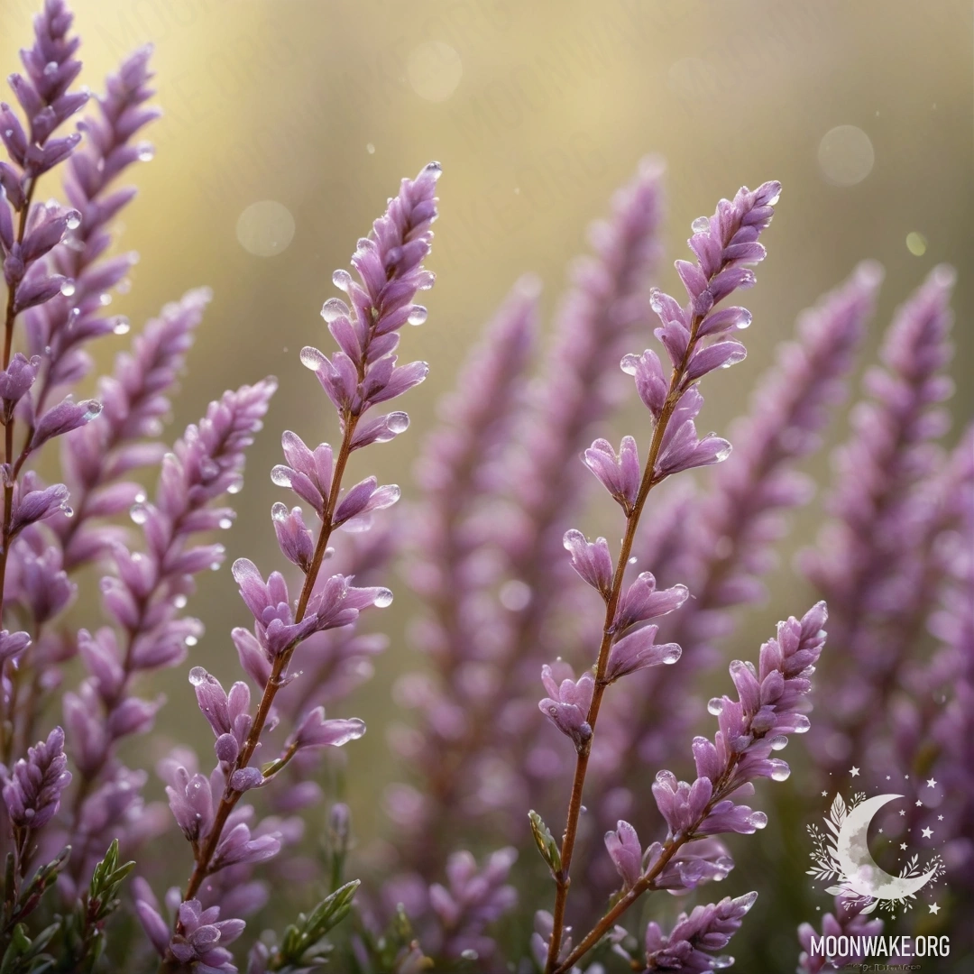 A beautiful heather with shimmering dew drops in cream yellow colors.