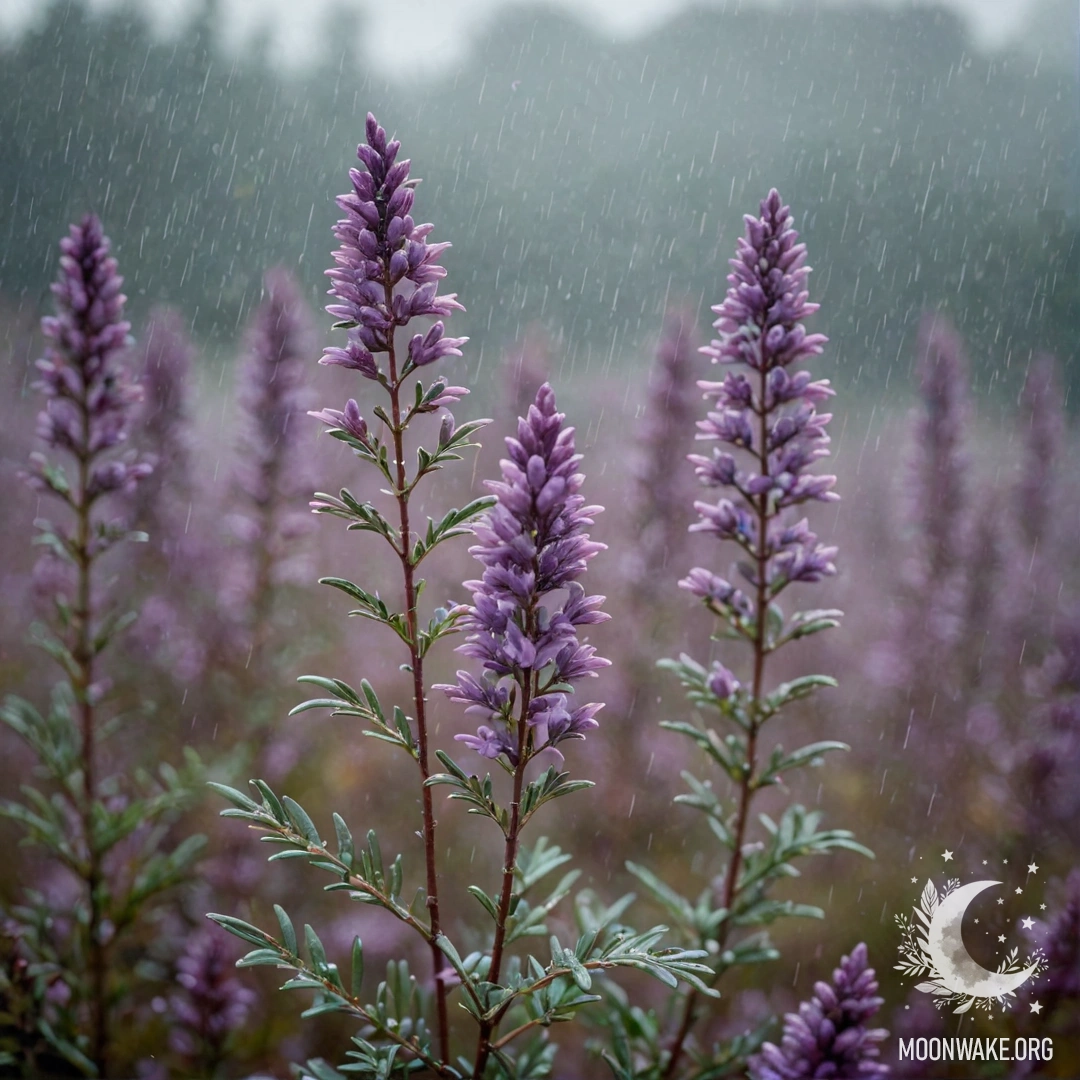 Beautiful Heather in Blue Mist and Rain Heather covered in mist, glistening under the rain in shades of blue.