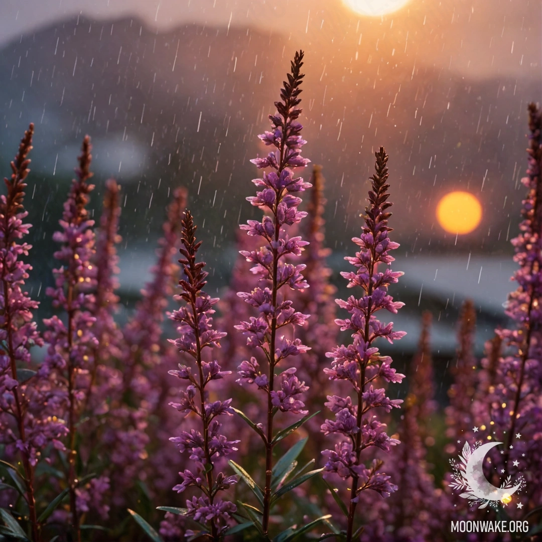 A scene depicting vibrant red heather under falling rain at sunset.