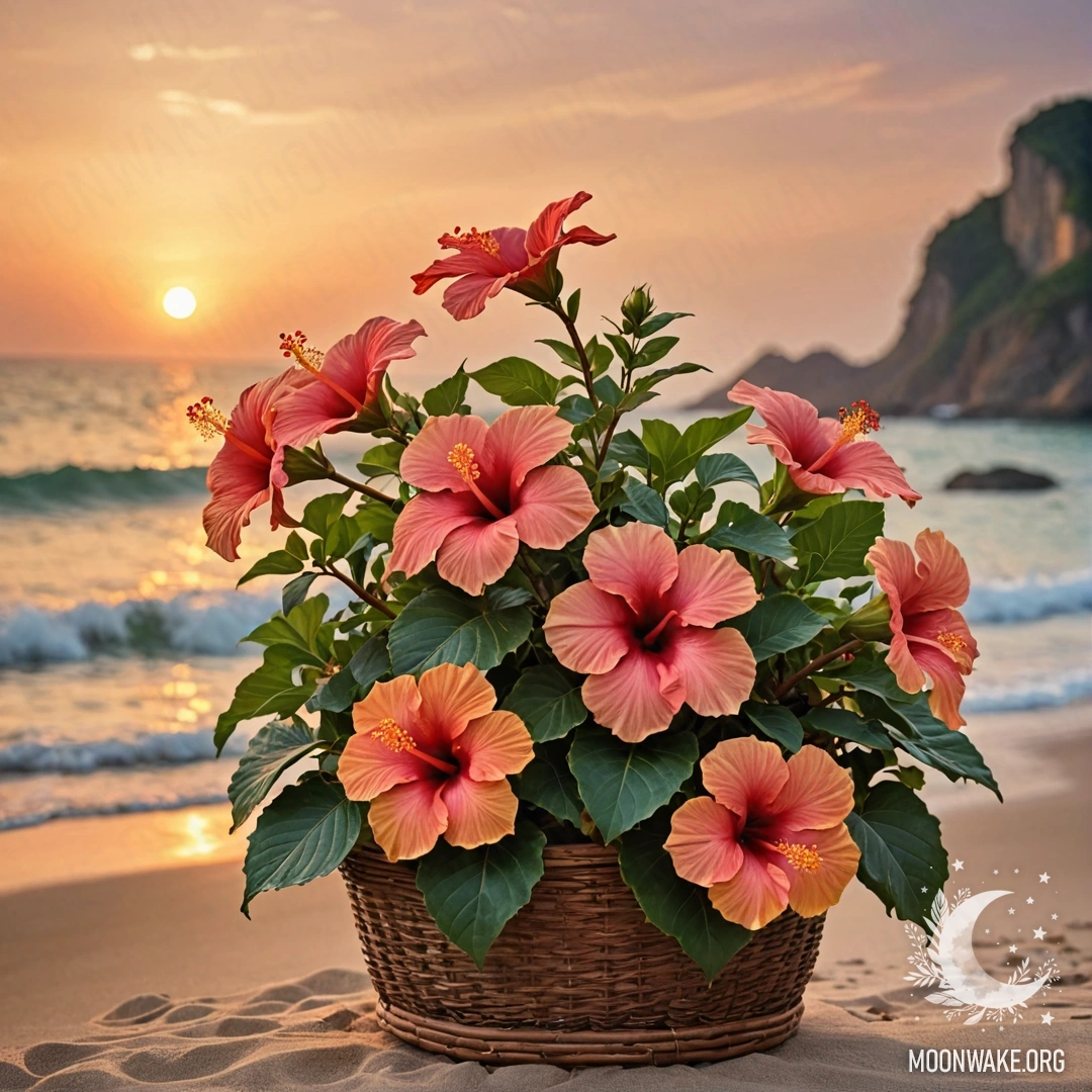 A delicate hibiscus flower in a basket, illuminated by the warm colors of sunset.