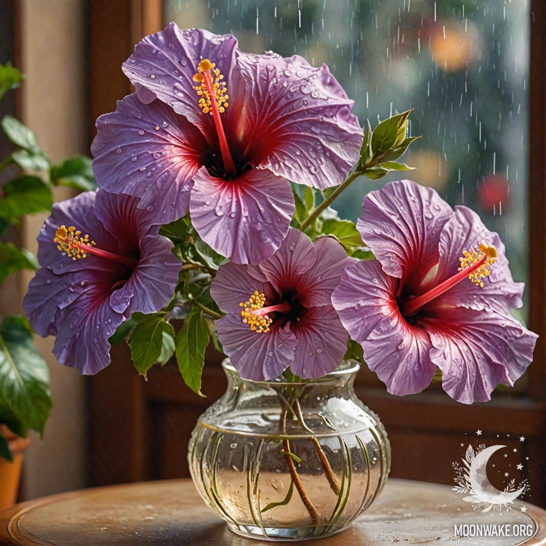 Lavender hibiscus flower in a vase, with rain and sunshine