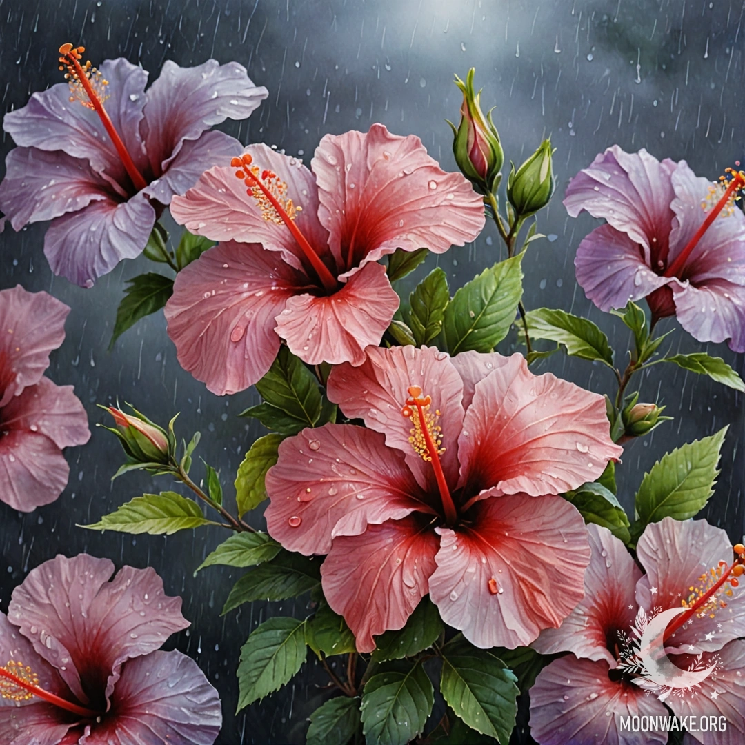 A bouquet of lavender-colored hibiscus flowers in misty rain at night.