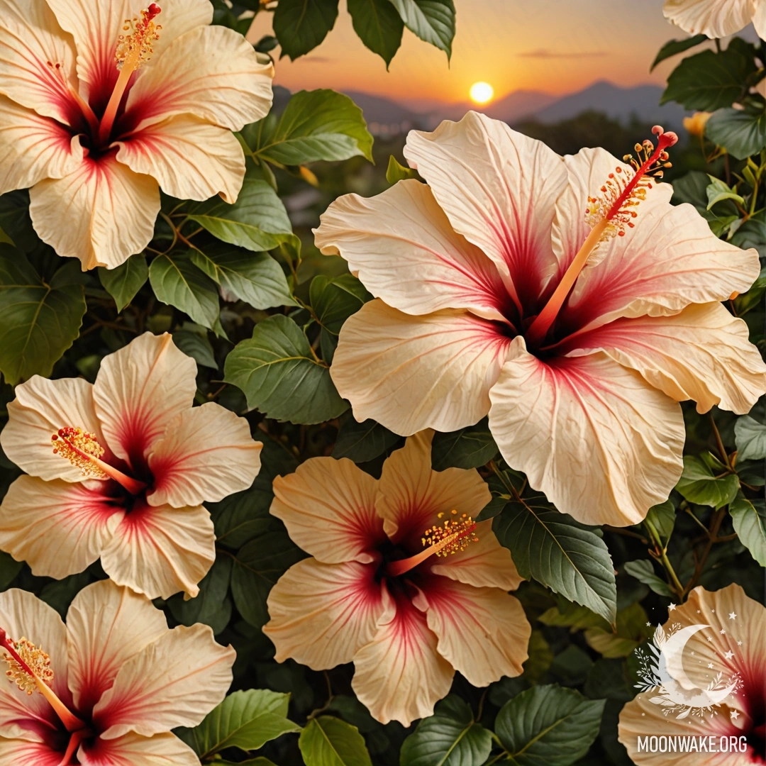 Beautiful Hibiscus Patterns at Sunset A stunning cream yellow hibiscus with intricate patterns at sunset.