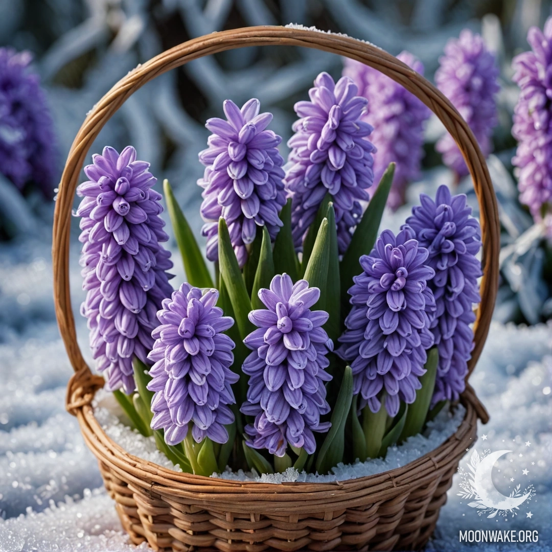 A stunning purple hyacinth nestled in a frosty basket.