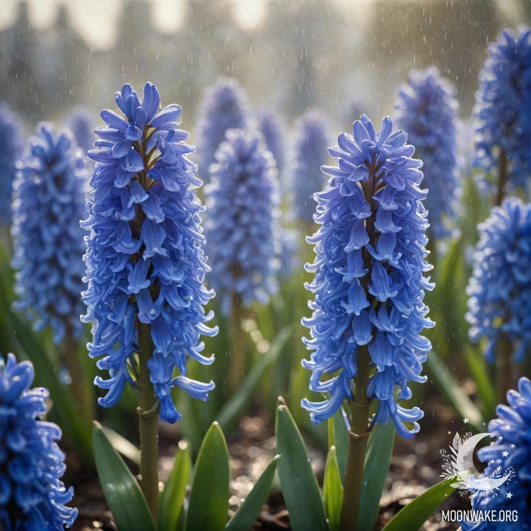 Beautiful Hyacinth in Rainy Mist A sky blue hyacinth blooms in misty rain, illuminated by sunlight.