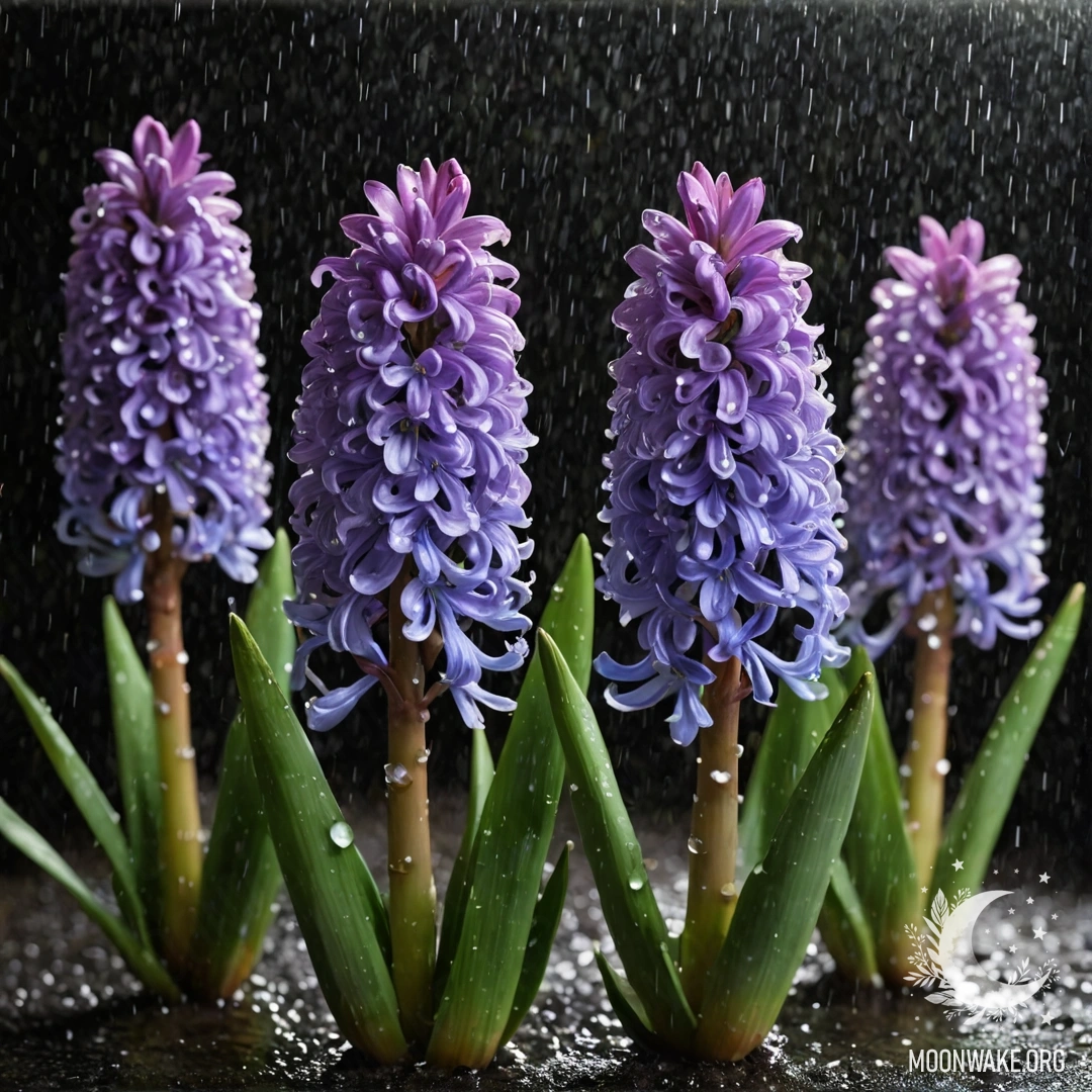 A beautiful hyacinth illuminated by raindrops at night, reflecting sea wave colors.