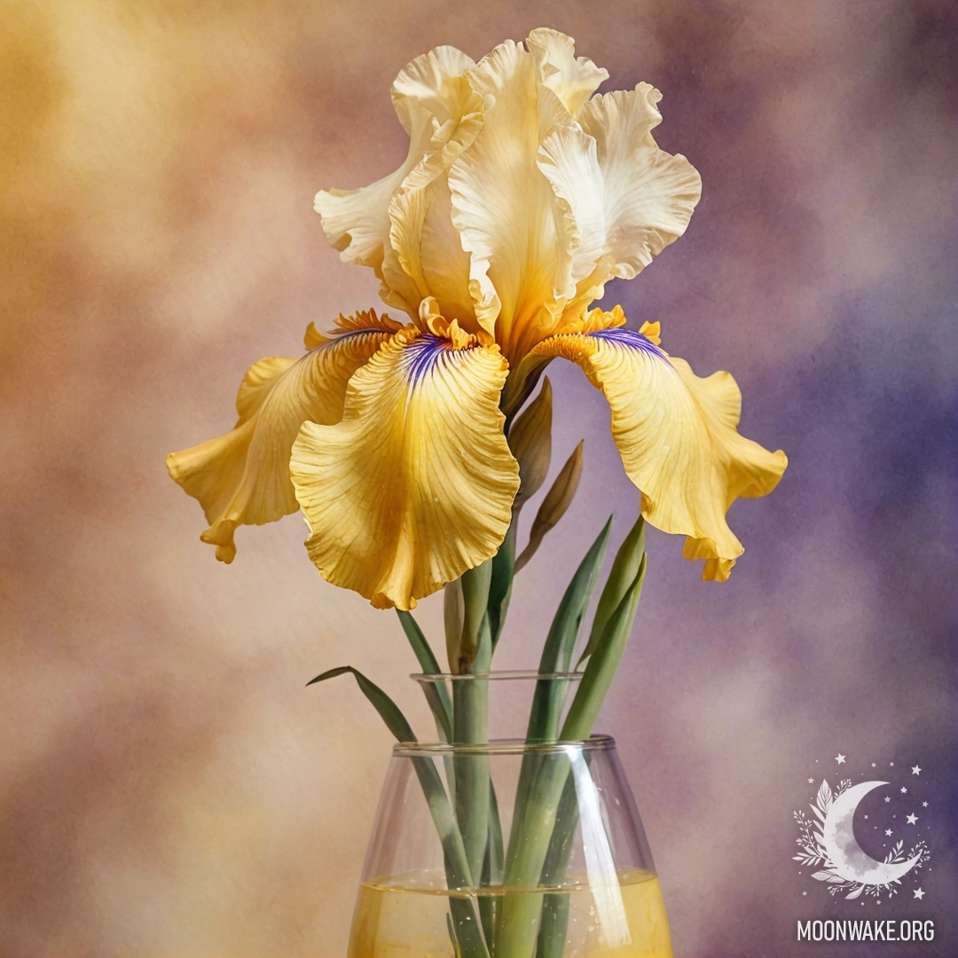 A watercolor painting of a beautiful iris flower in a cream yellow vase surrounded by mist at sunset.