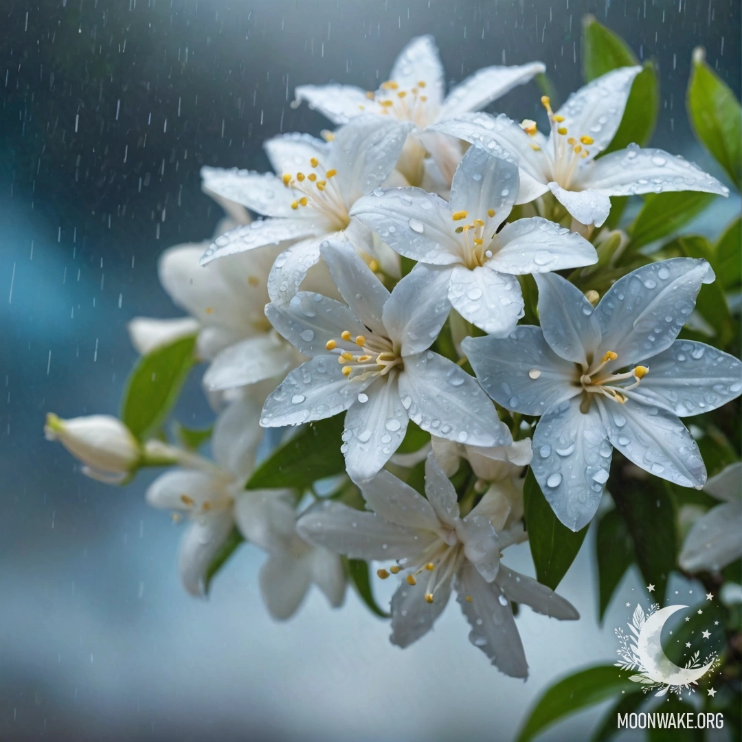 A beautiful bouquet of jasmine flowers with sky blue accents, drenched in rain.