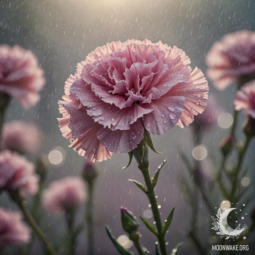 A beautiful lavender carnation drenched in rain, surrounded by mist and illuminated by sunny rays.