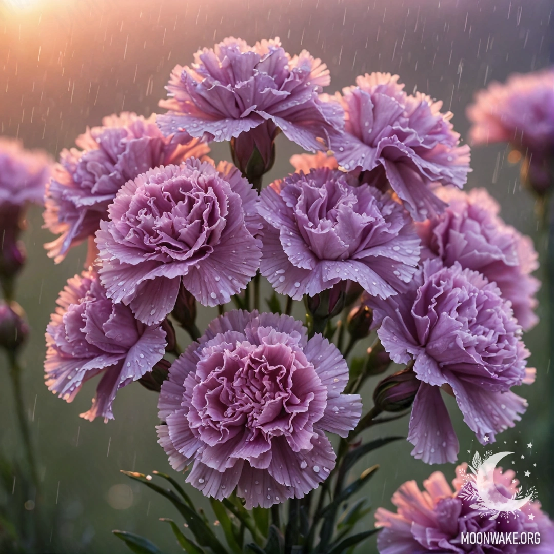 Beautiful Lavender Carnation in Misty Rain A lavender carnation bouquet amidst mist and raindrops at sunset.