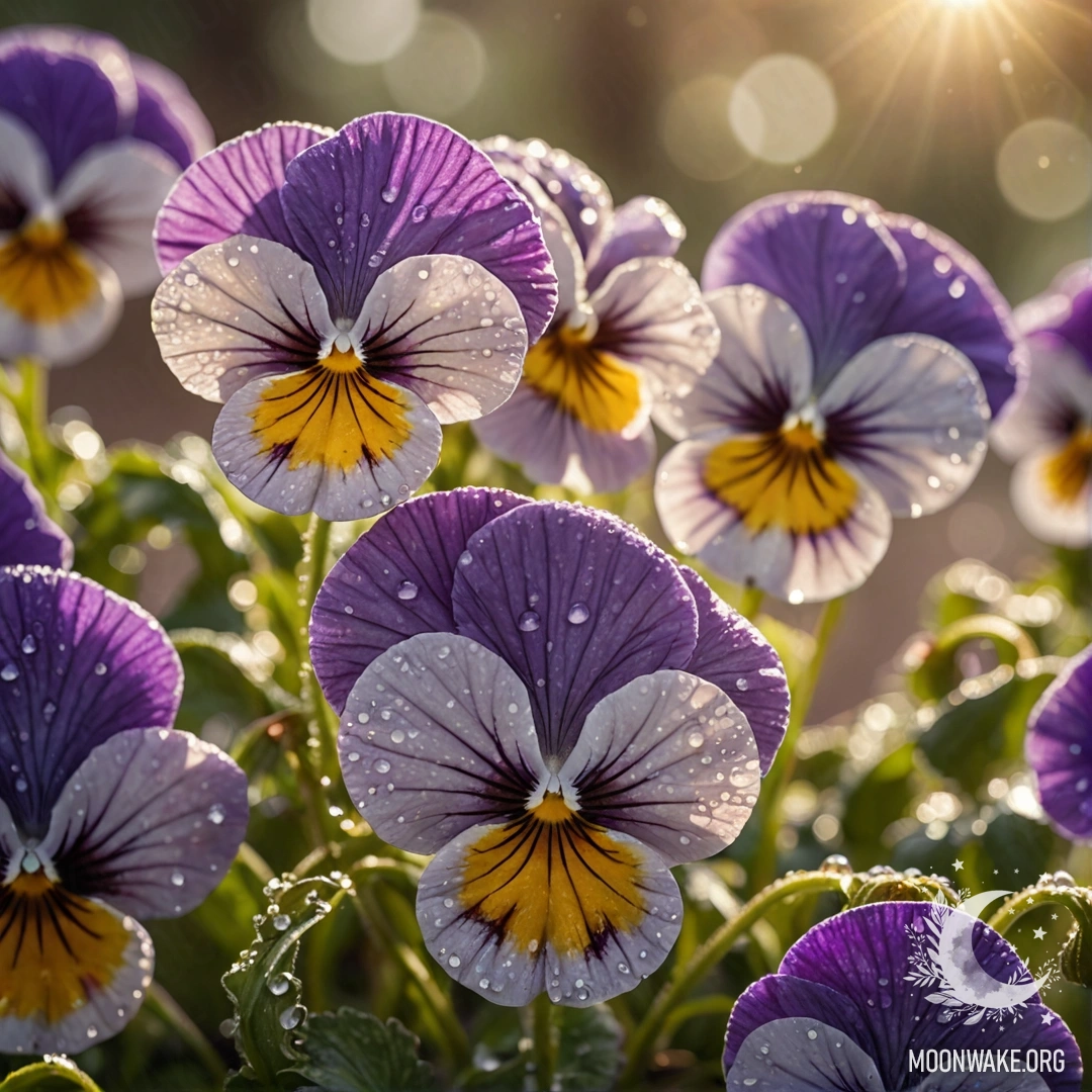 Beautiful Lavender Pansies with Dew Drops A cluster of lavender pansies adorned with dew drops, basking in sunlight.