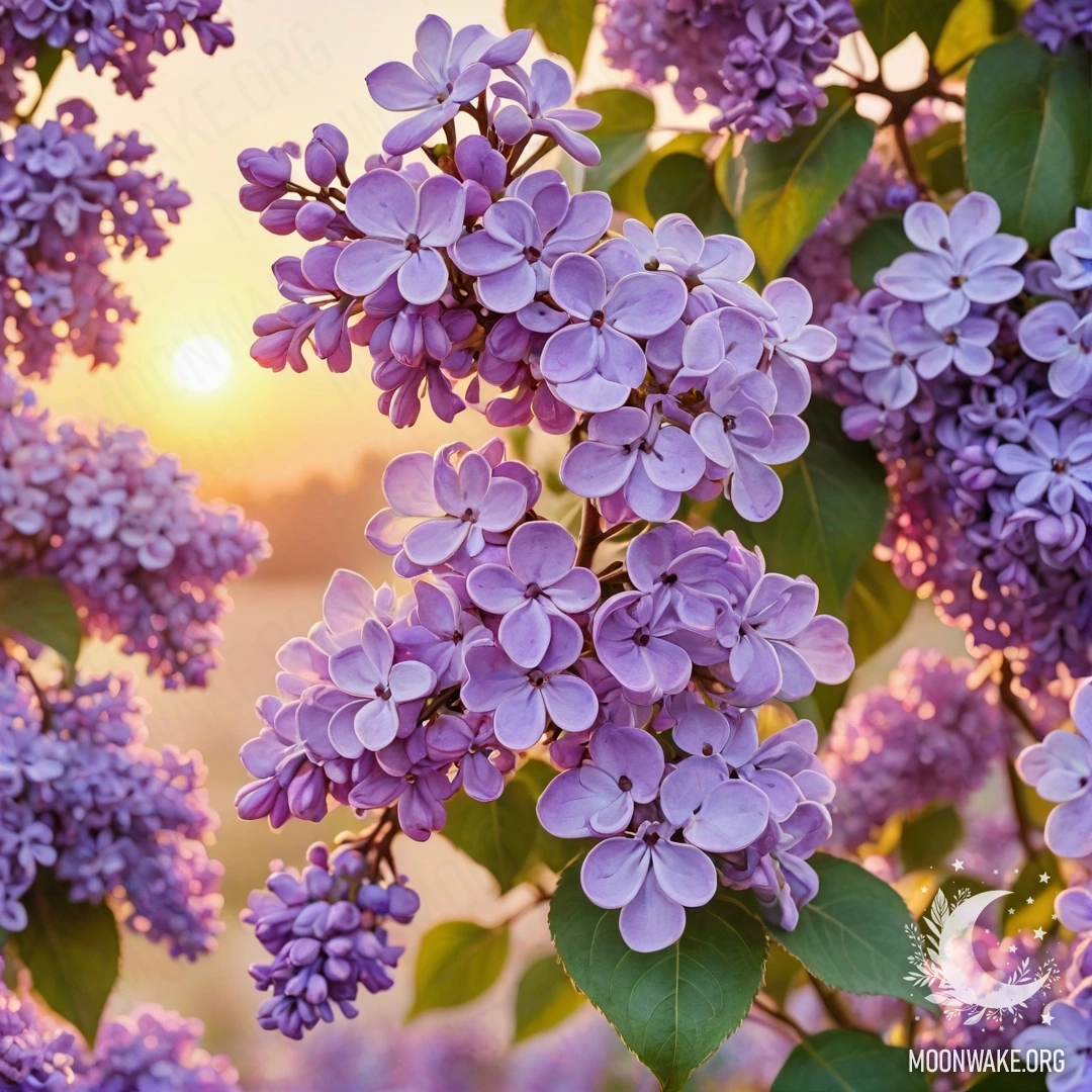Watercolor painting depicting lilac flowers with golden patterns against a sunset background.