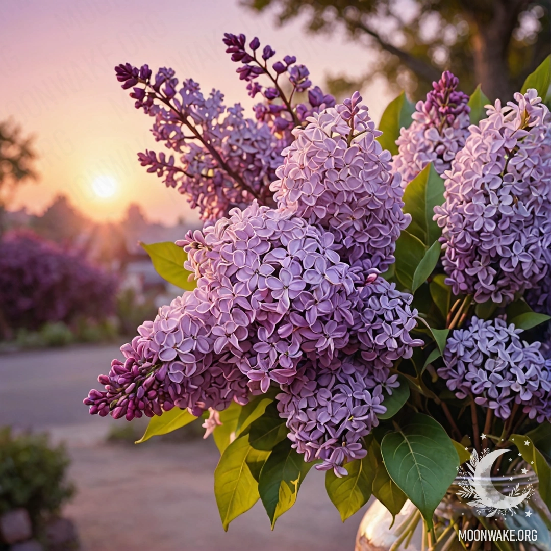 A watercolor painting of a beautiful bouquet of lilacs and red flowers at sunset.