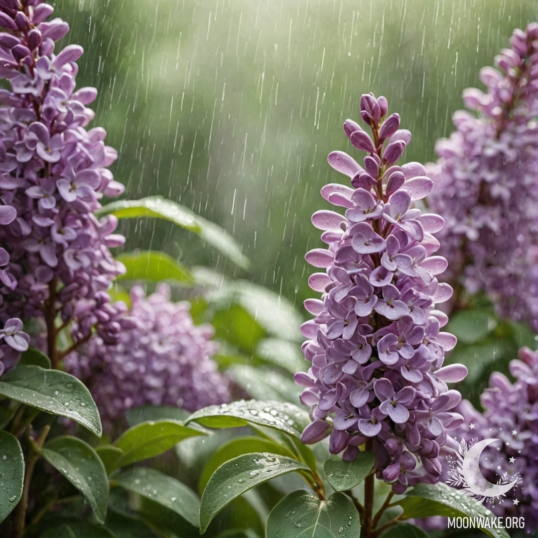 A beautiful lilac drenched in rain with a sage green background.