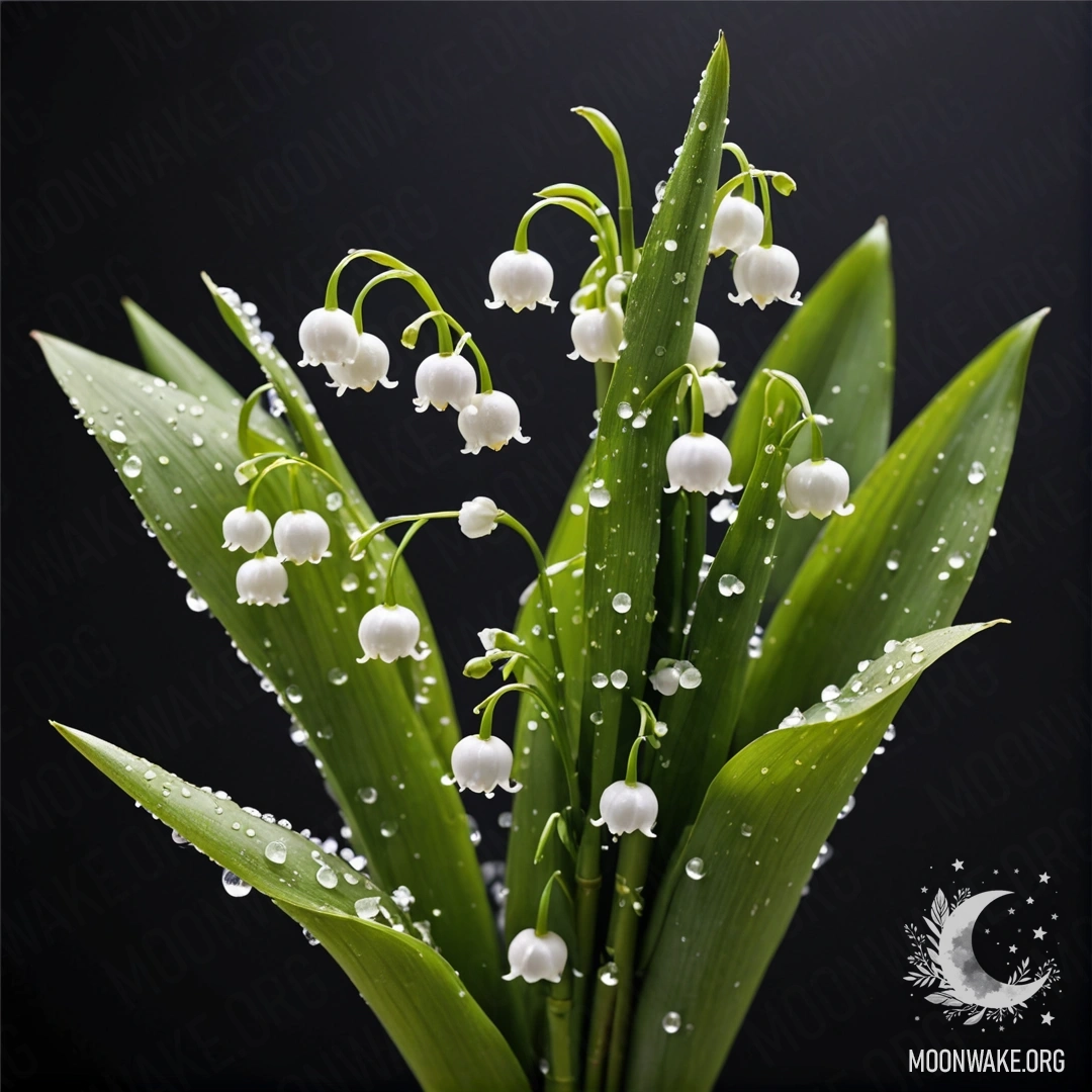A bouquet of lily of the valley with dew drops, olive colored, against a night backdrop.