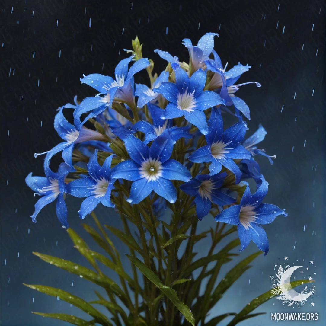 A bouquet of sky blue lobelia flowers drenched in rain at night.