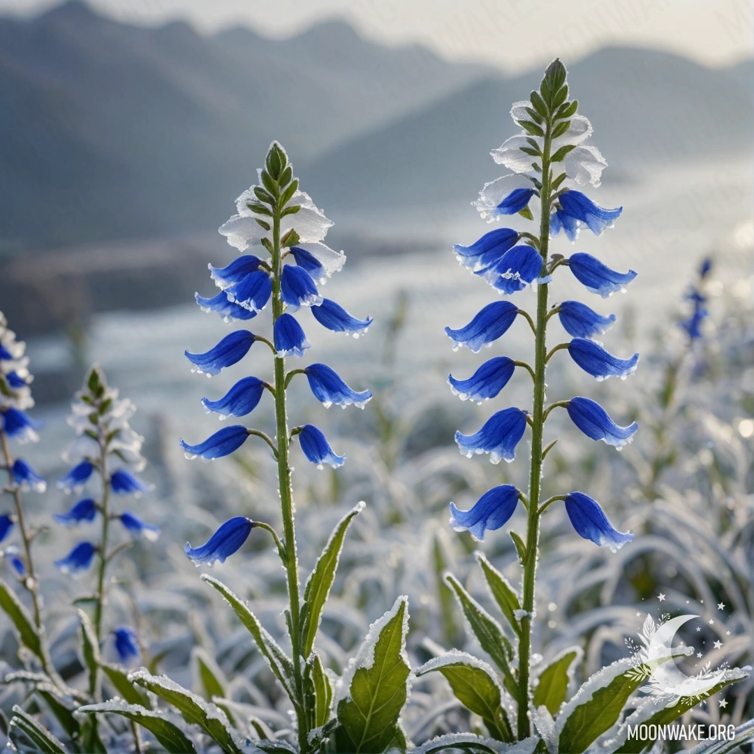 Beautiful Lobelia in Frosty Background A vibrant lobelia flower set against a frosty background of sea wave colors.
