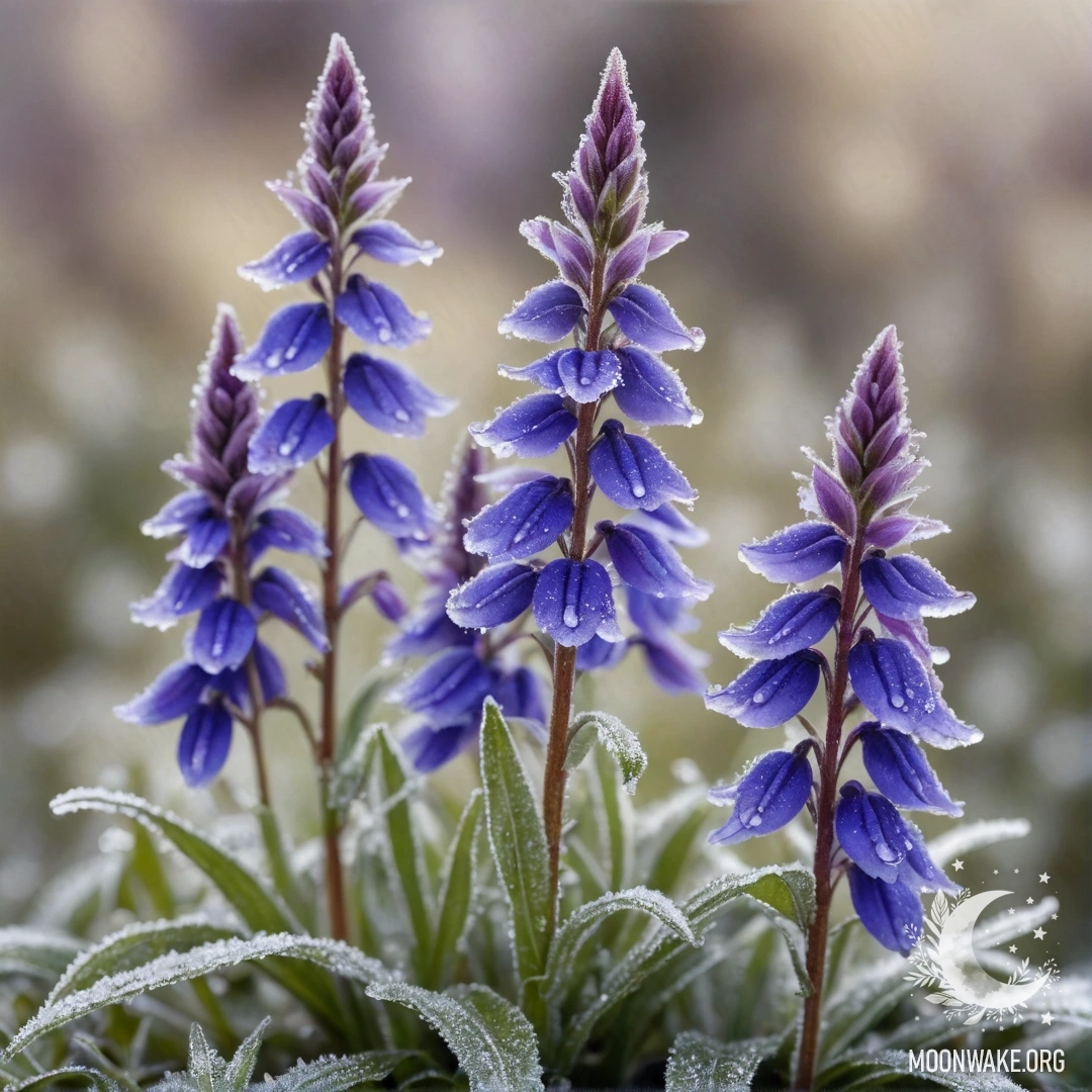 Beautiful Lobelia in Frost A watercolor painting of purple lobelia flowers covered in frost with rhinestones.