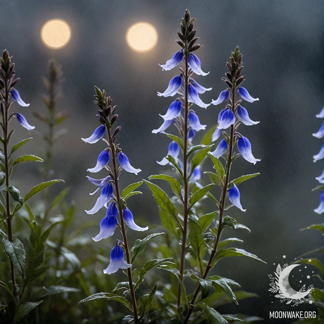 A beautiful lobelia flower surrounded by fog at night, painted in coffee colors.