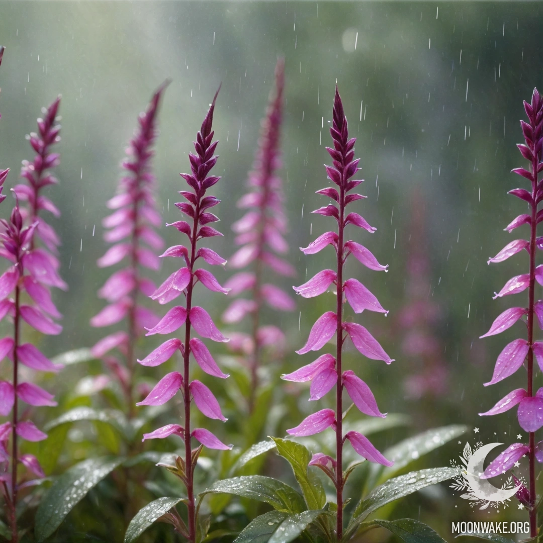 Beautiful Lobelia in the Rain A vibrant fuchsia lobelia flower surrounded by mist and rain, illuminated by sunlight and sparkles.