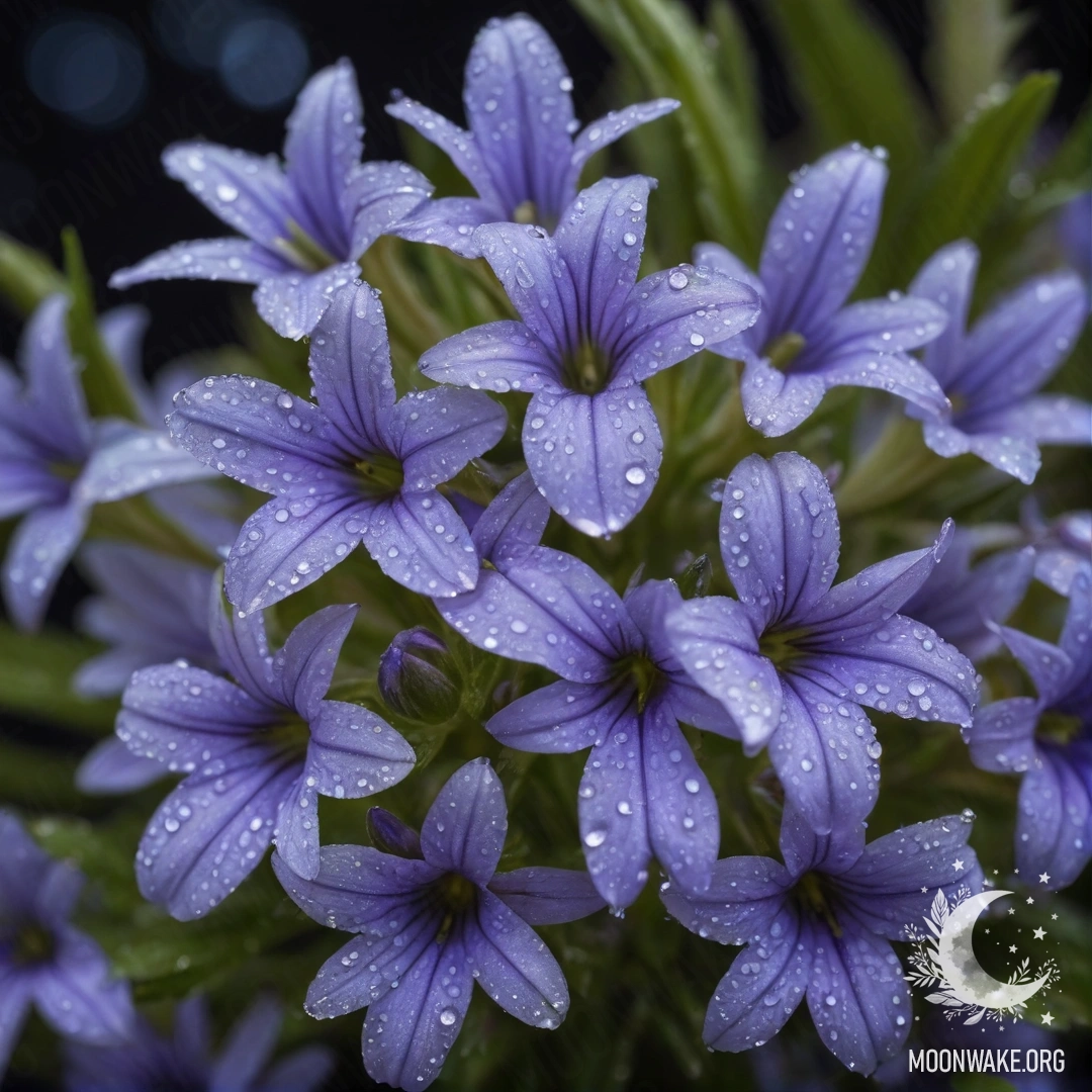 A close-up of pastel-colored lobelia adorned with dew drops in a nighttime setting with glitter.