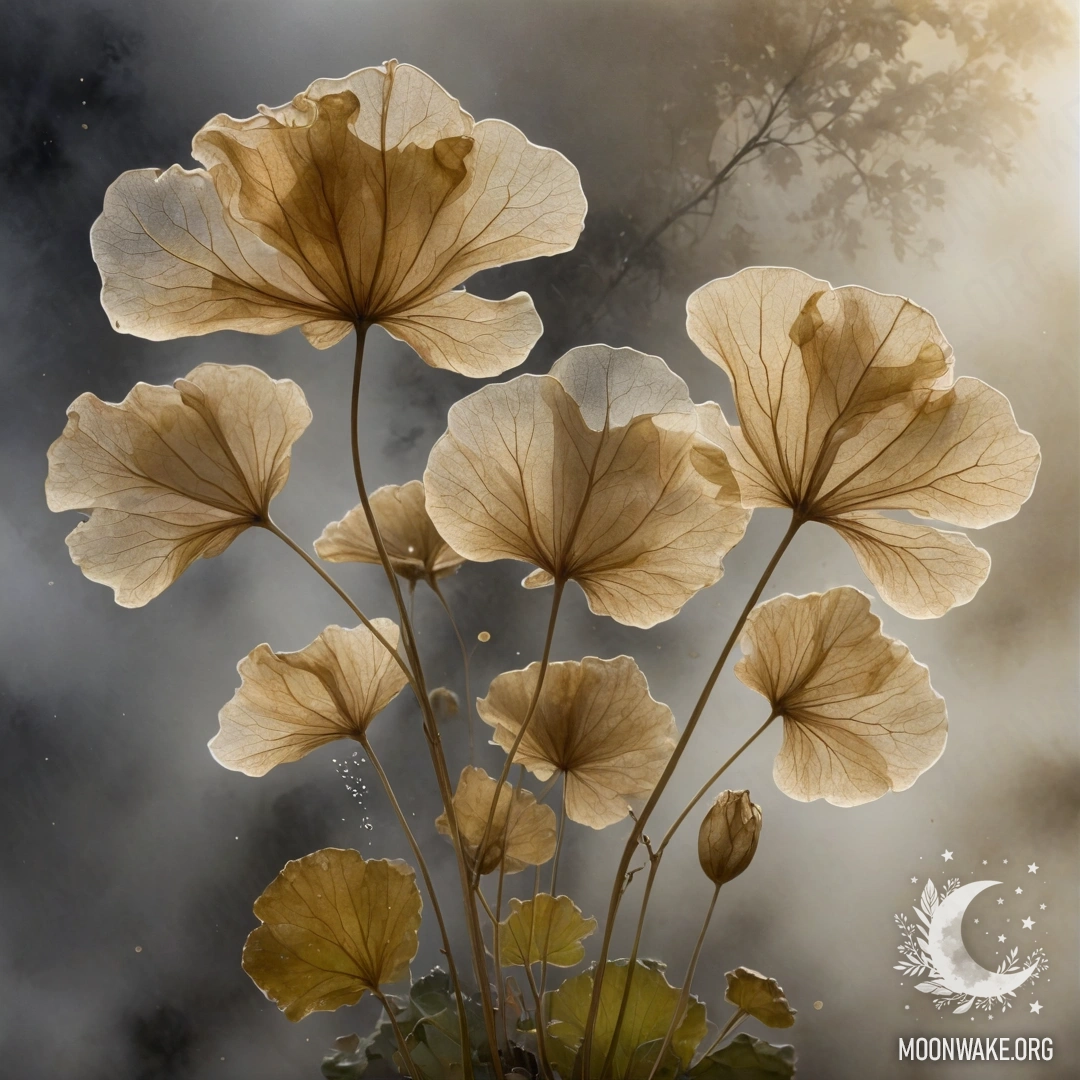 A delicate bouquet of gold-colored Lunaria emerges softly from a foggy background, painted in ink wash style.