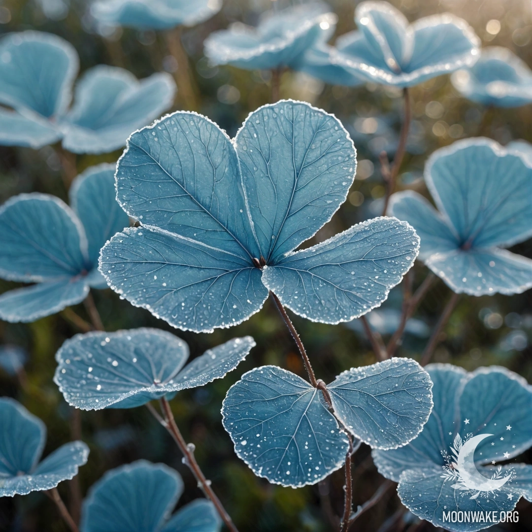 A digital painting of lunaria flowers covered in frost, sparkling with glitter, resembling colors of sea waves.