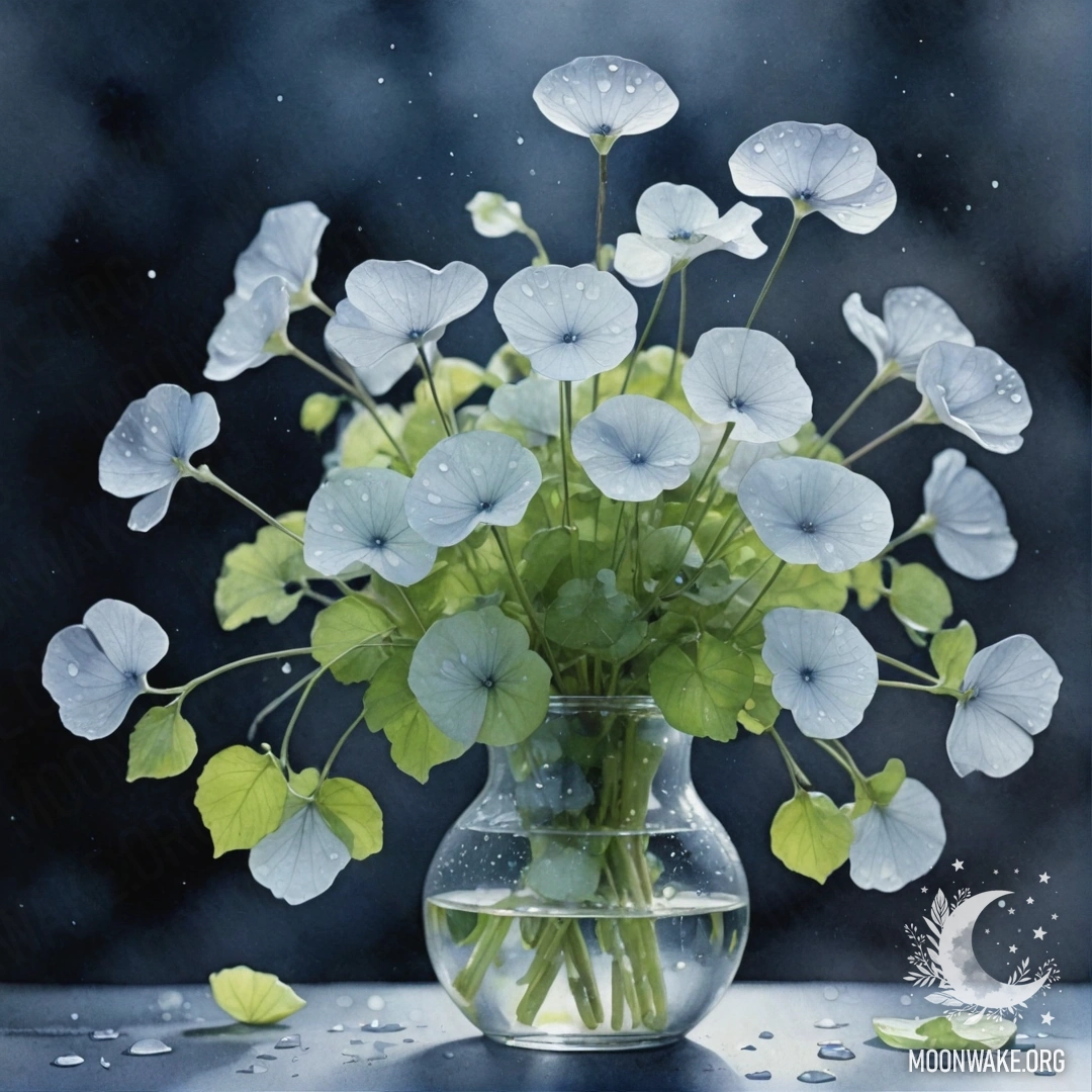 Beautiful Lunaria in Misty Night Rain A vase with lime-colored lunaria flowers in the mist under the rain at night.